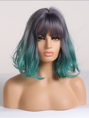 Gray to green Ombre 12” Wavy Bob Wig With Bangs Heat Resistant